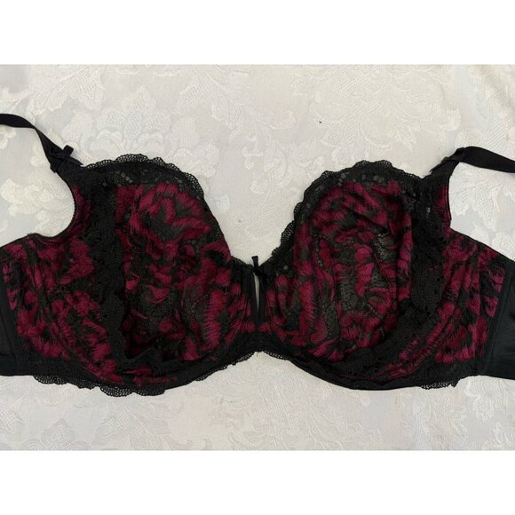 Cacique Bra Unlined Balconette Size 42DD Pink Black Lace Bow Underwire Sexy - Picture 4 of 8